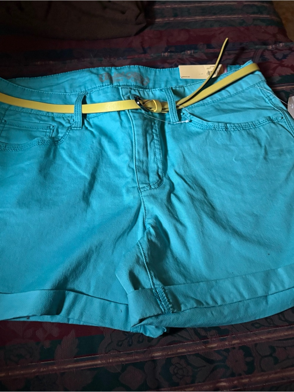 Faded Glory Turquoise Jean Shorts with Yellow Belt
